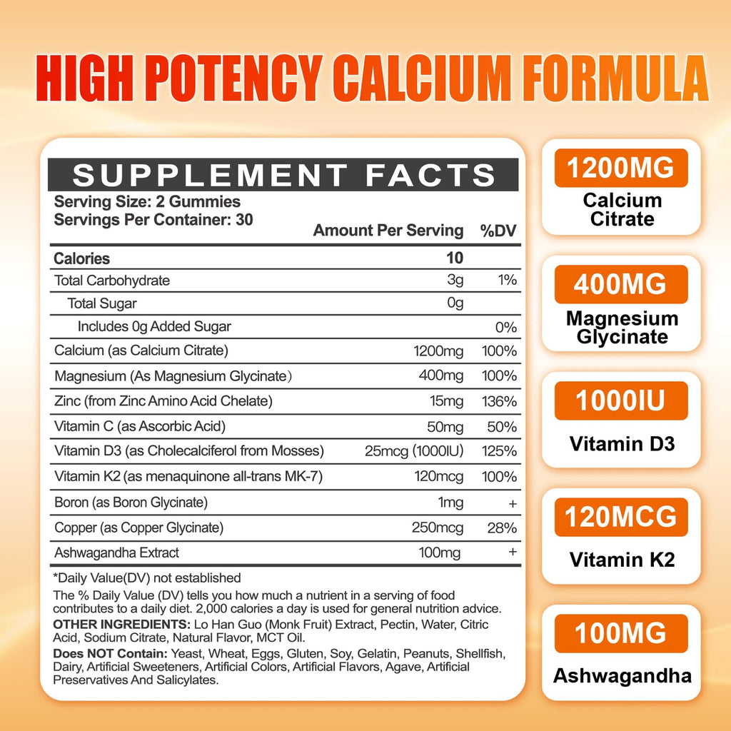 Calcium 1200 mg with Vitamin D3 Gummies for Adults - Calcium Citrate with Vitamin D3 K2, Magnesium, Zinc, Boron, Copper and Ashwagandha - Extra Absorption Calcium Supplement for Women Men