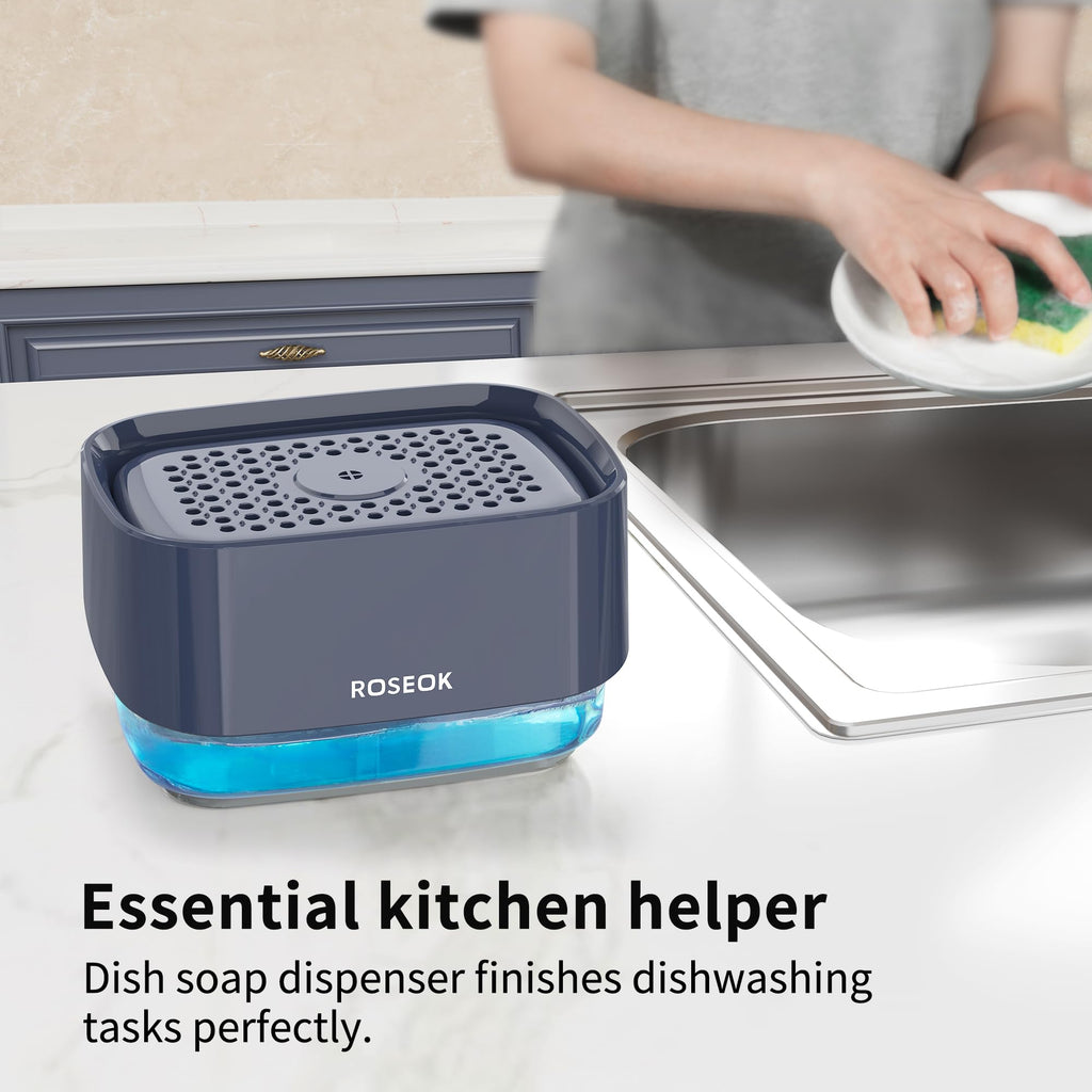 ROSEOK Dish Soap Dispenser with Sponge Holder for Kitchen, Navy Blue