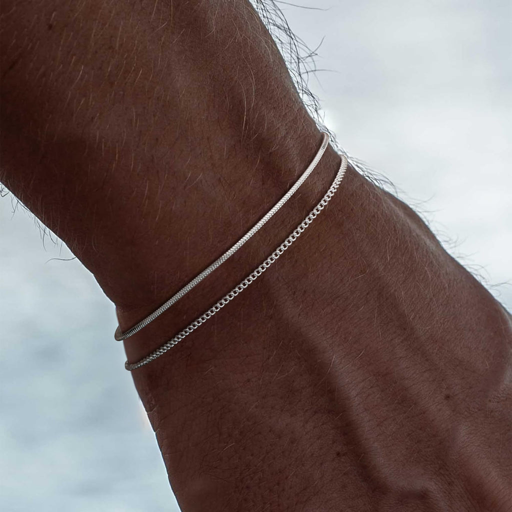 Silver Bracelets for Men, Stackable Fashion Cuban Snake Chain Set, 7 Inch