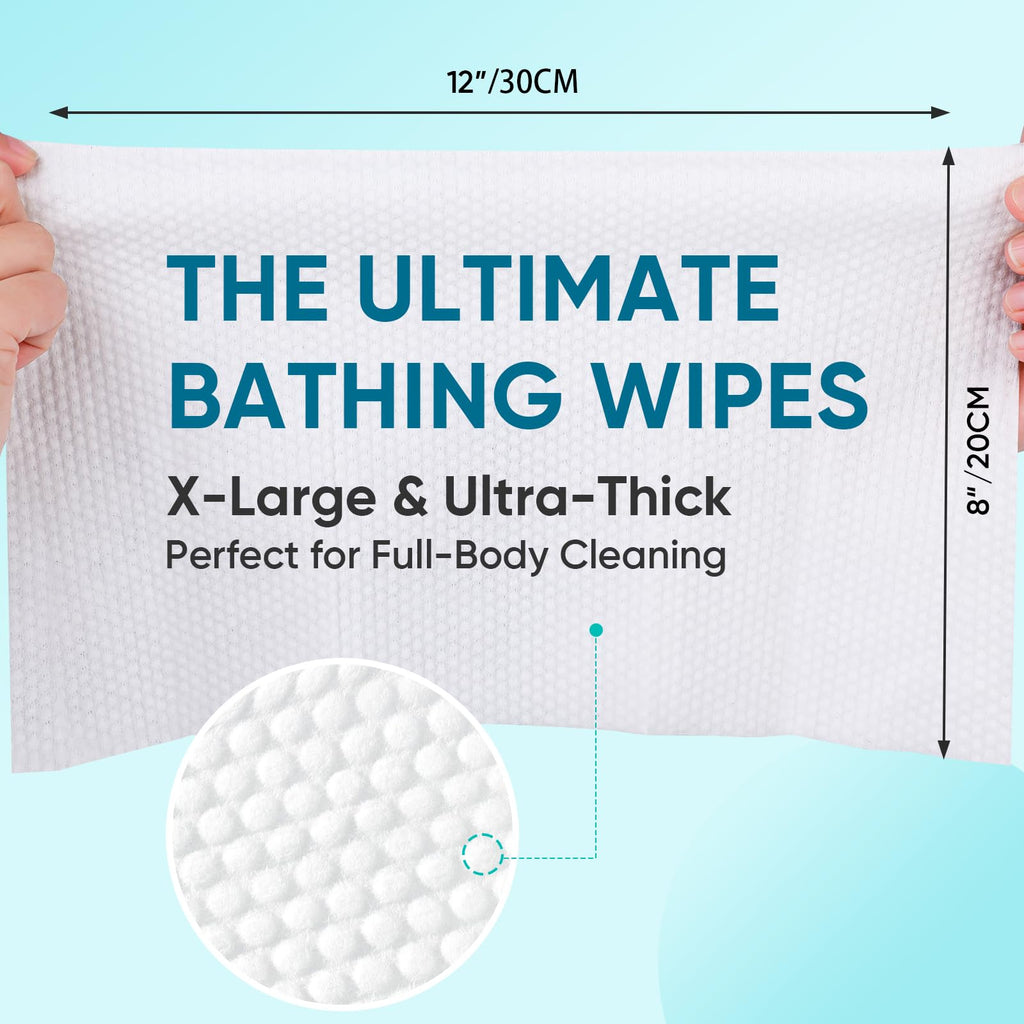100 XL Bathing Wipes No Rinse for Adults, Shower Wipe - Extra Thick & Large Body Cleansing Wipe for Elderly, Men & Women, Soft & Gentle Disposable Bath Wipes for Travel, Camping