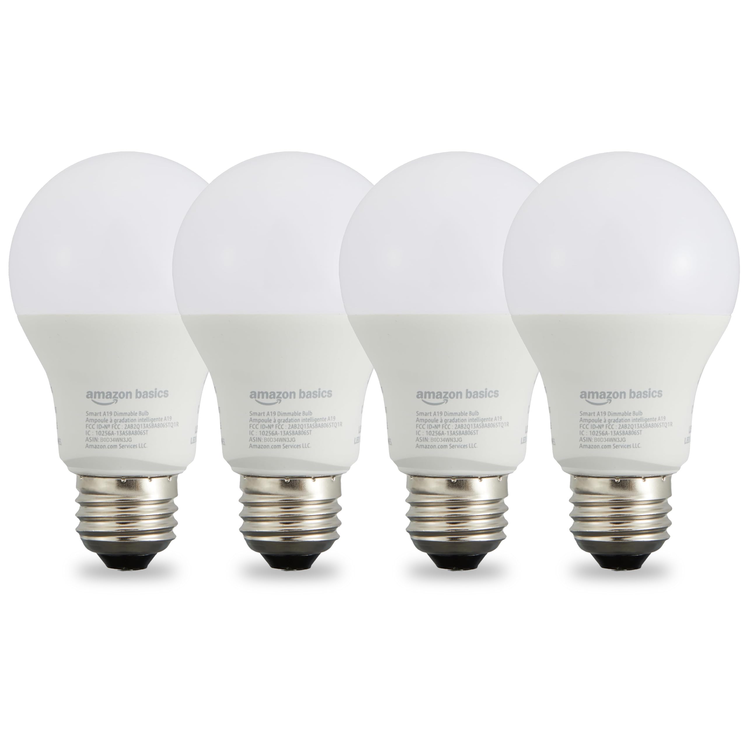 Amazon Basics Smart A19 LED Light Bulb, Dimmable Soft White (2700K), 9W (60W Equivalent), 800LM, Energy Efficient, Works with Alexa Only, 2.4 GHz Wi-Fi, No Hub Required, 4-Pack