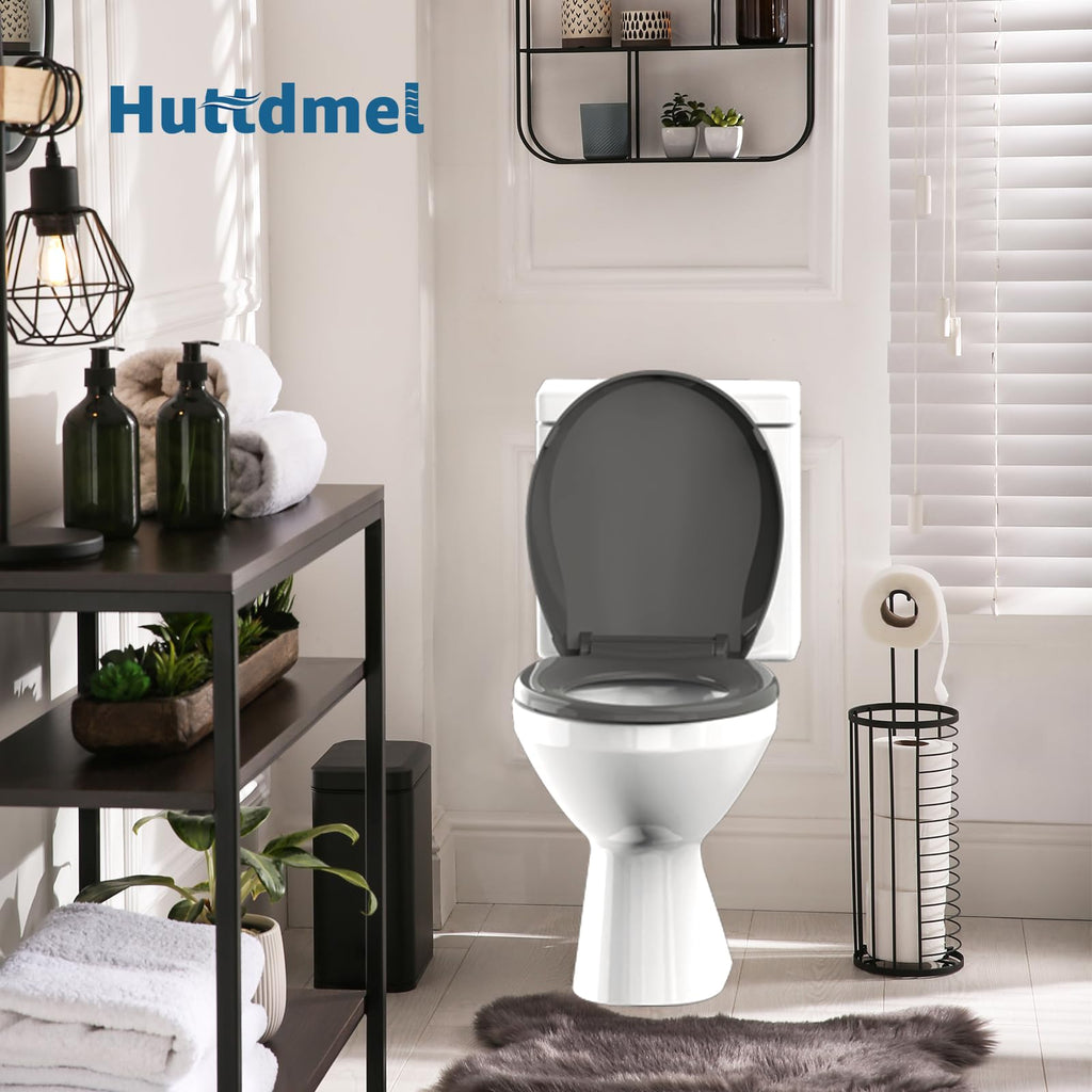 Huttdmel Round Toilet Seat 16.5 inch Soft Close, Toilet Lid Round PP Material Safe & Easy Clean & Quick Installation, Sturdy Accessories Never Loosen, 2 Years Support, Grey