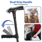 Walking Cane for Men & Women, 3-in-1 Folding Cane with Alarm and Light, Adjustable, Free Standing, Collapsible Walking Stick for Seniors Balance with a Second Handle for Standing, TIRAROME