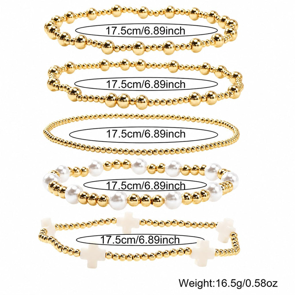 Dainty 14K Gold Beaded Cross Bracelet Stack for Women,Bohemian Stretch Pearl Gold Plated Ball Beads Non Tarnish Stackable Bracelets Set Fashion Prom Holiday Accessories Jewelry Gift Friendship