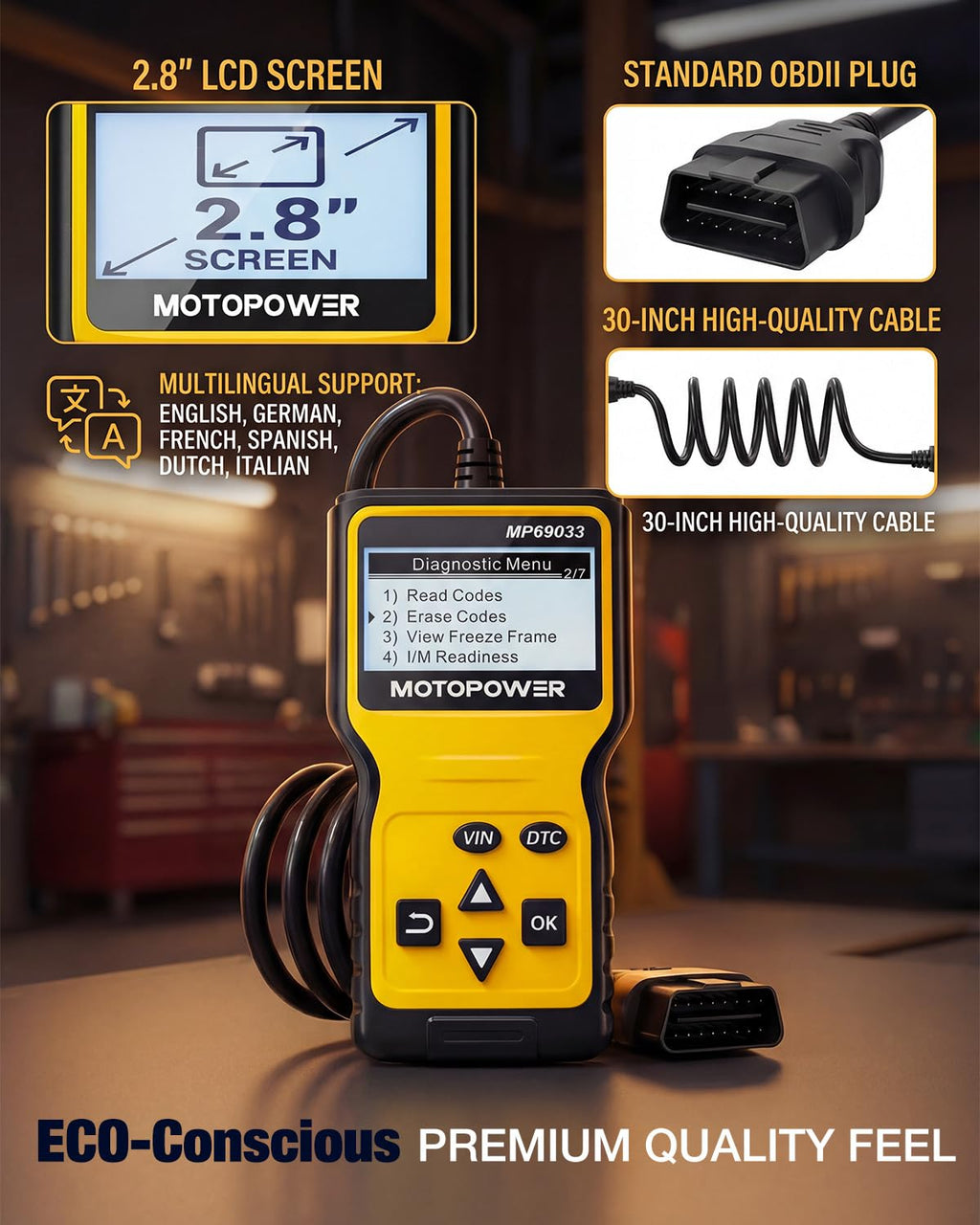 MOTOPOWER MP69033 Car OBD2 Scanner Code Reader Engine Fault Scanner CAN Diagnostic Scan Tool for All OBD II Protocol Cars Since 1996, Yellow