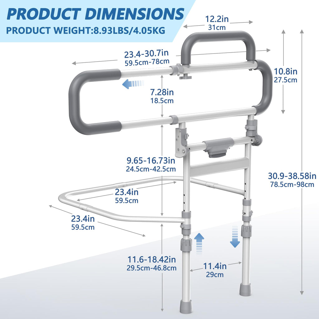 Heavy Duty Bed Rails for Elderly Adults Safety-Foldable Bed Rail for Senior with Adjustable Heights Fits All Bed Sizes，Bed Handle Bedside Assist with Pocket -504M (White and Gray)