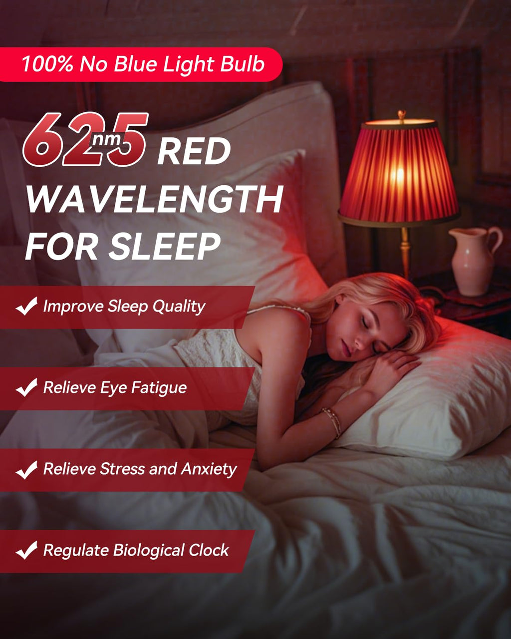 Neporal 625nm Red Light Bulbs for Sleep, 100% Blue Light Blocking Light Bulb, 9W Red Light Bulb for Melatonin Promoting, A19 60W Equivalent Dim Light Bulbs for Bedroom, Baby Nursery,2 Pack