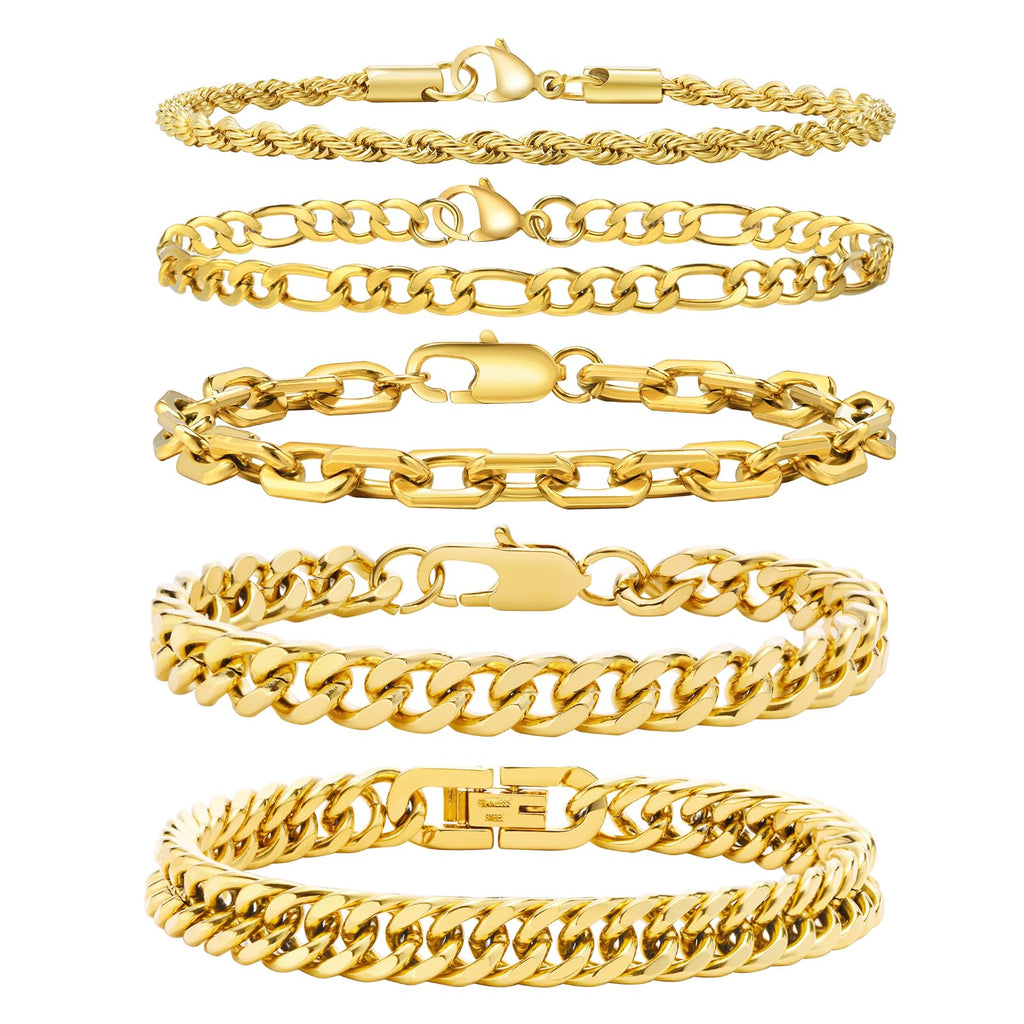 VNOX Gold Chain Bracelet for Men - 5 Pcs Solid Stainless Steel Rope/Figaro/Paperclip/Cuban Link Curb Chunky Chain Bracelet Set Wrist Band for Men Women,8.3 Inches,Mens Jewelry Gifts
