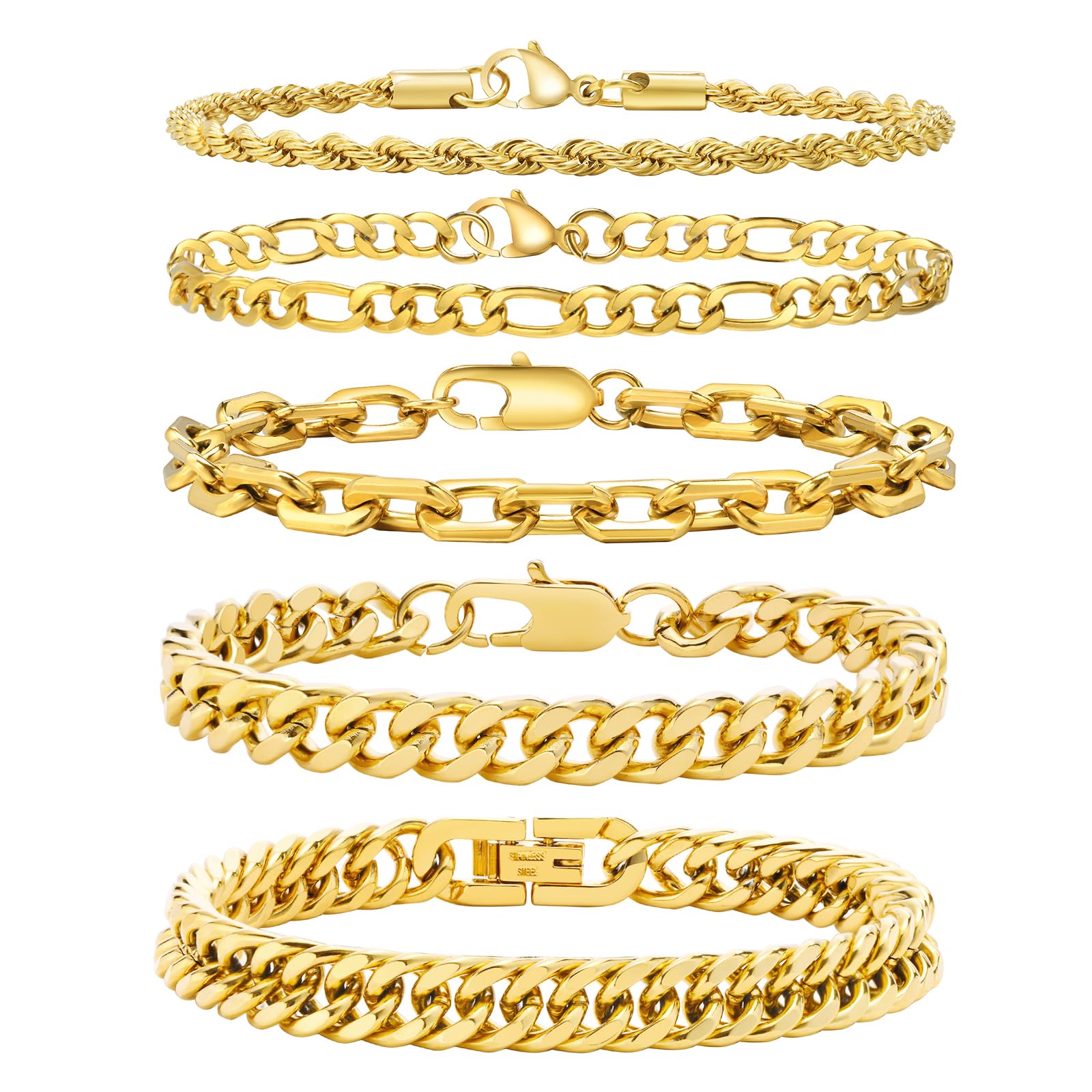 VNOX Gold Chain Bracelet for Men - 5 Pcs Solid Stainless Steel Rope/Figaro/Paperclip/Cuban Link Curb Chunky Chain Bracelet Set Wrist Band for Men Women,8.3 Inches,Mens Jewelry Gifts