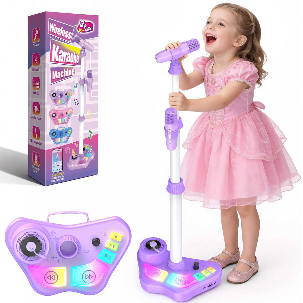 Stand Karaoke Machine for Kids, Christmas Singing Toys Gifts for 3 4 5 6 7 8 Year Old Girls Boys, Rechargeable Kid Microphone Bluetooth Speaker with 2 Mic for Girl Age 4-6 Toddler Birthday Party Toy