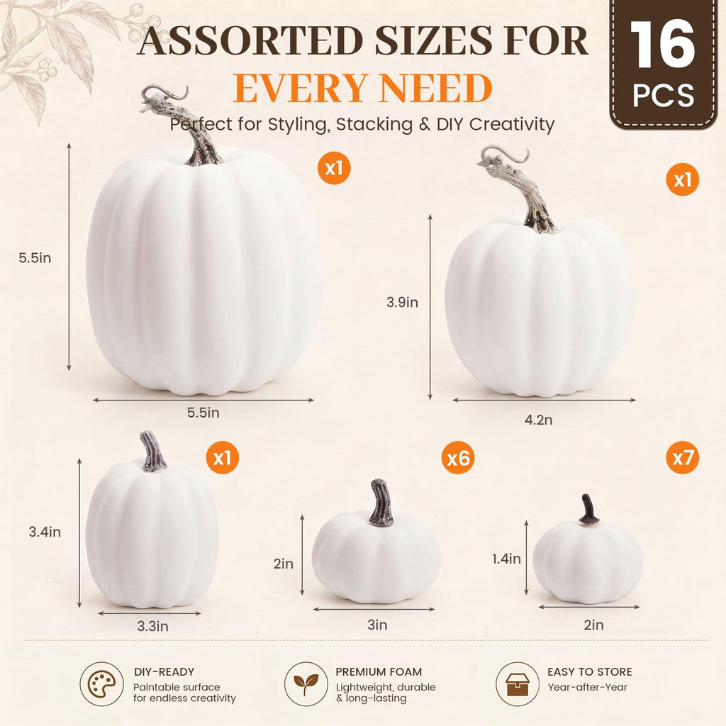 DomeStar 16 PCS White Fake Pumpkins for Decorating, Faux Pumpkins