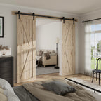 CCJH 9FT Sliding Barn Door Hardware Kit, Heavy Duty, Smoothly and Silently, Easy to Install, Fit 27" Width Double Door Panel, I Shaped Hangers Black