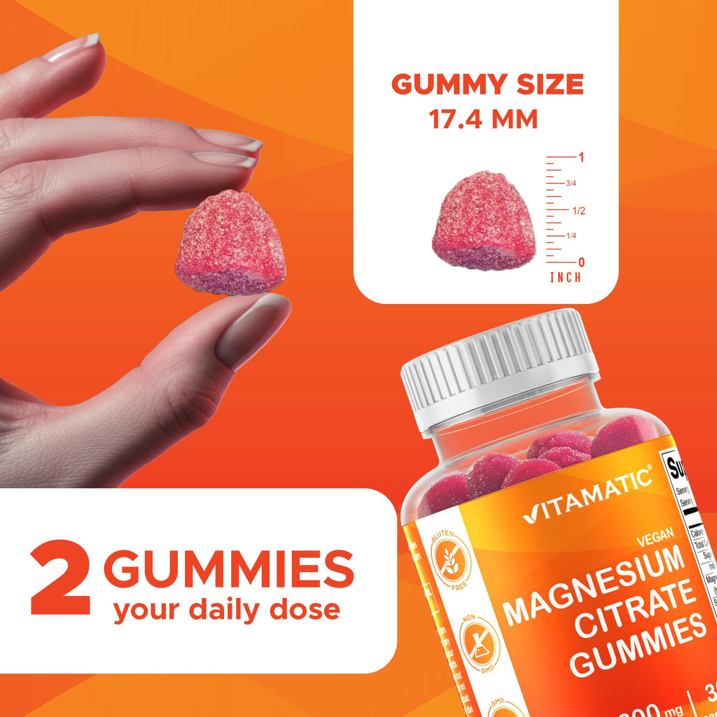Vitamatic Magnesium Citrate Gummies 600mg per Serving - 60 Count - Promotes Healthy Relaxation, Muscle, Bone, & Energy Support (Pack of 2)