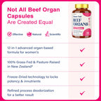 12-In-1 Beef Organ Supplement for Women - Beef Liver, Uterus, Kidney, Heart, Pancreas, 5 Vitamins & 2 Herbs, Hormone Balance, Menstruation, Energy, Immune - 100% Grass Fed, Pasture Raise - 120 Caps