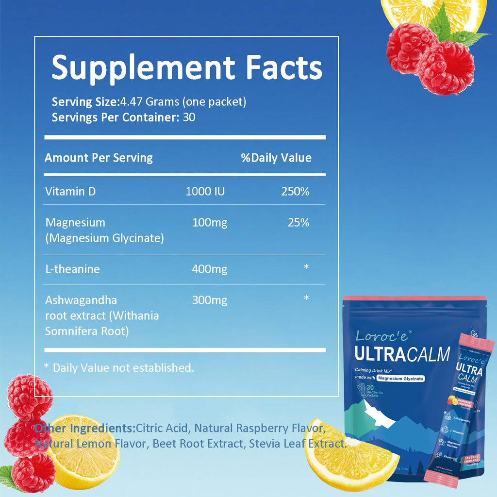 Loroc'e UltraCalm Super Cortisol Reducer Drink, Magnesium Glycinate (30 Servings), L-theanine, Ashwagandha, Vitamin D, No Sugar, Raspberry Lemonade Sleep Aid Powder