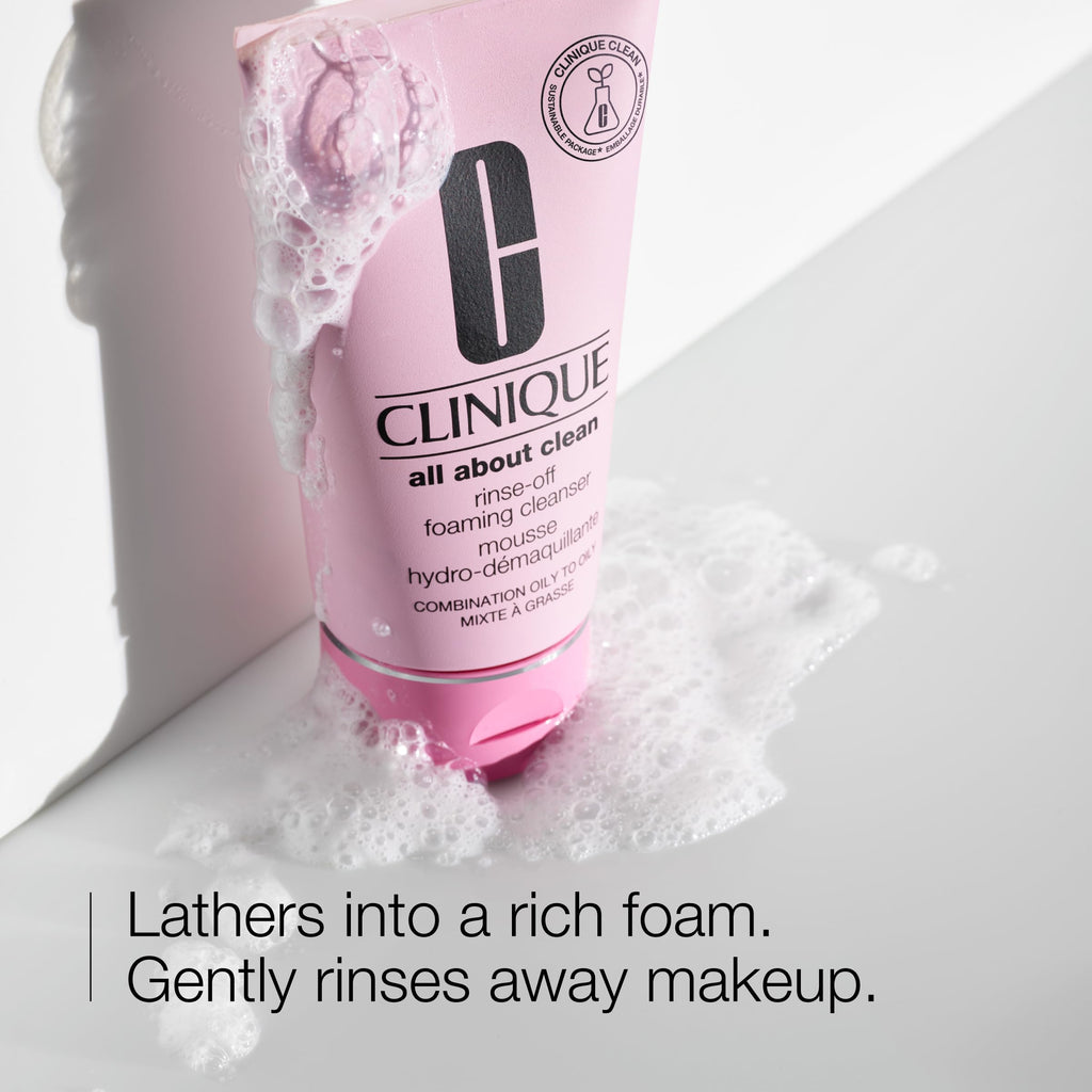 Clinique All About Clean Rinse-Off Foaming Face Wash | Face Cleanser With Hyaluronic Acid + Glycerin For Oily Skin Types | Dissolves Makeup + Sunscreen, 8.5 Fl Oz