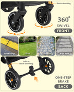 Dog Stroller with Waterproof Rain Cover, Heavy-Duty All-Terrain 4-Wheel Pet Stroller with Adjustable Sunshade Canopy, Foldable Travel Dog Strollers for Small/Medium Dogs Up to 121 lbs