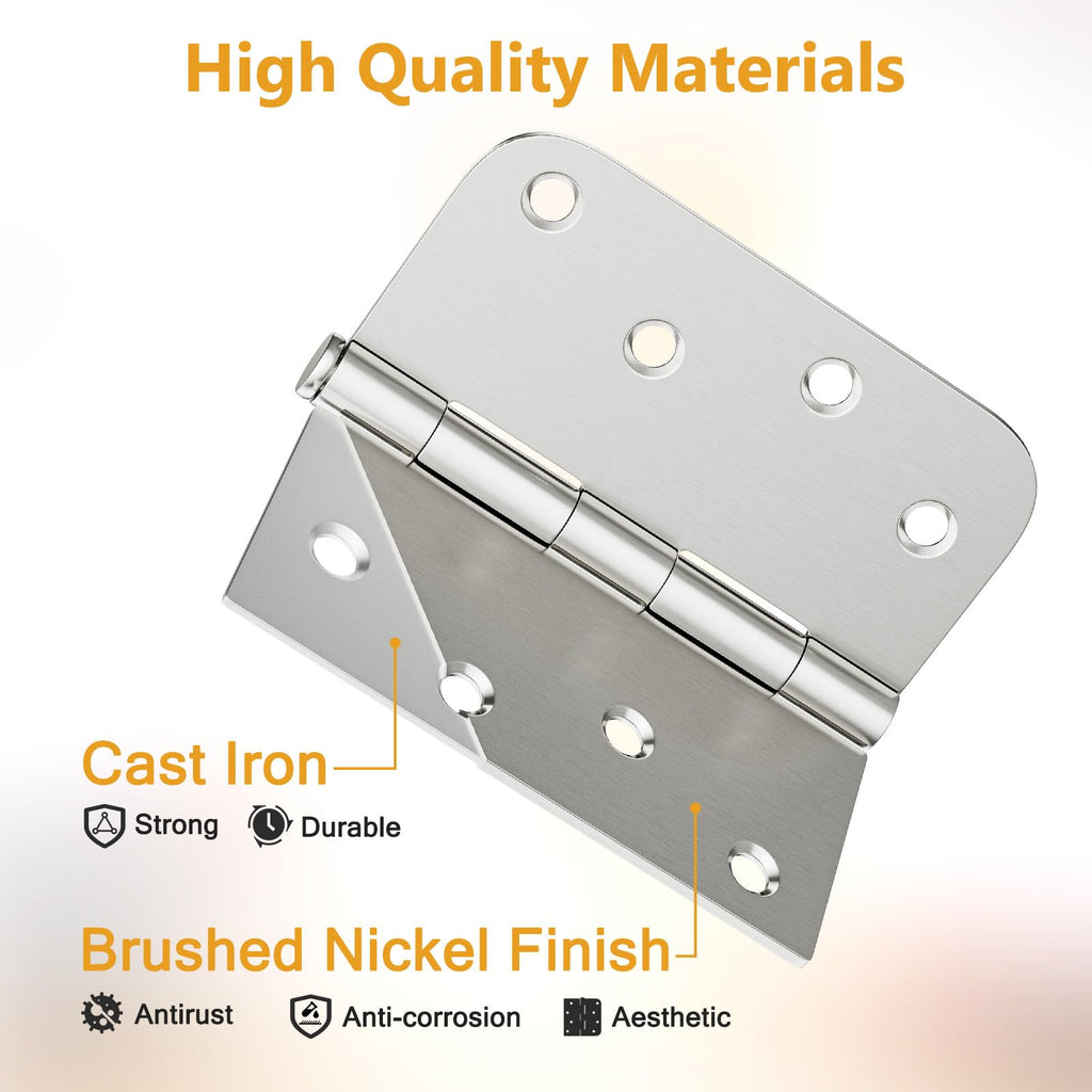 Luxbaro 6 Pack Brushed Nickel Door Hinges 4 Inch, Exterior Door Hinges with Square & 5/8" Radius, Removable Pin, Perfect for Heavy-Duty Front & Back Door, Antirust & No Squeaks