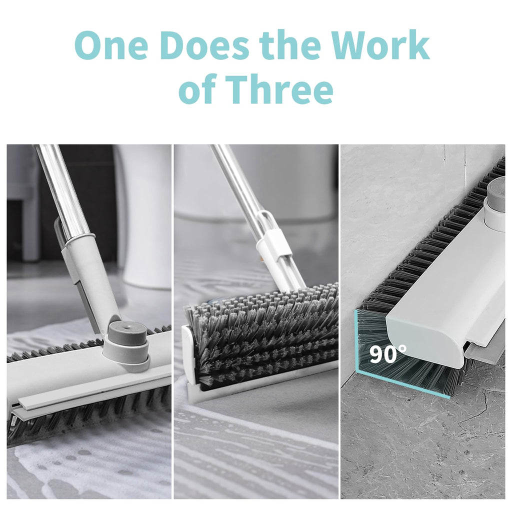 Floor Scrub Brush with Long Handle, 3 in 1 Scrape and Heavy-Duty Stiff Bristle Scrubber Brush for Cleaning Shower Bathroom, Patio, Garage, Kitchen, Wall and Deck (White, 2 Pack)