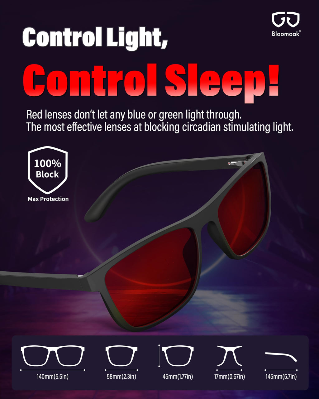 Bloomoak 100% Red Lens Blue Green Light Blocking Glasses- Dual AR Coatings Sleep Glasses Before Bed - Anti Glare, Fatigue