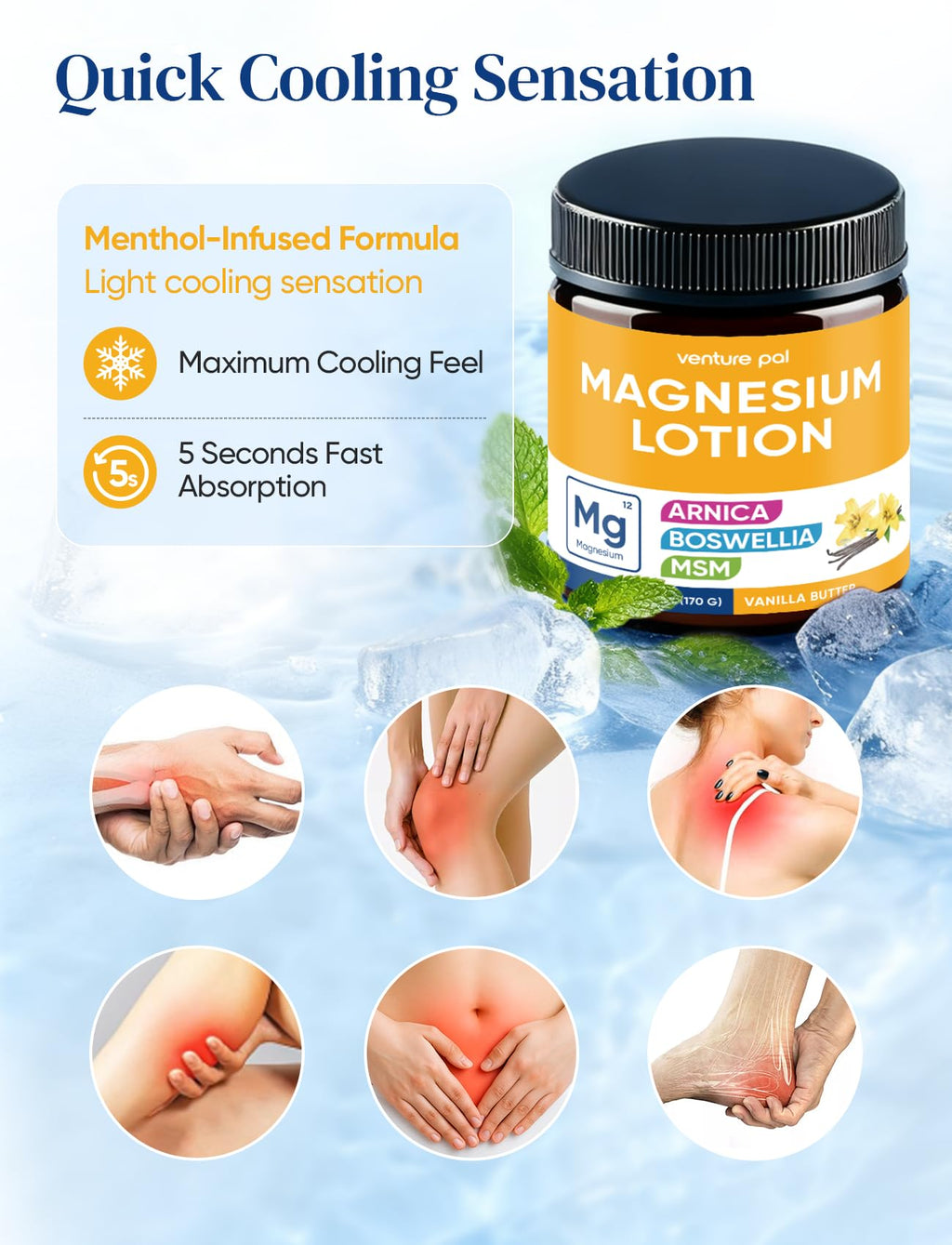 Magnesium Lotion with Arnica, MSM & Boswellia – Cooling Magnesium Cream – Lightweight Moisturizing Lotion for Legs & Feet – Safe for Kids – 6 fl oz