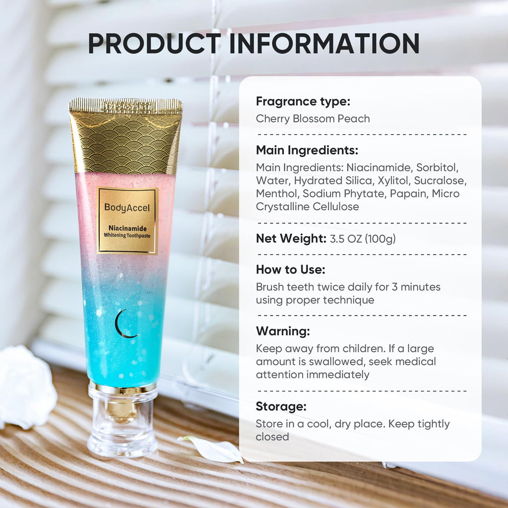 BodyAccel Niacinamide Whitening Toothpaste, Niacinamide Intensive Whitening Toothpaste with Natural Gentle Care Deep Stain Removal Clean Peach Flavor, Improves Gum Health, Fresh Breath (1)