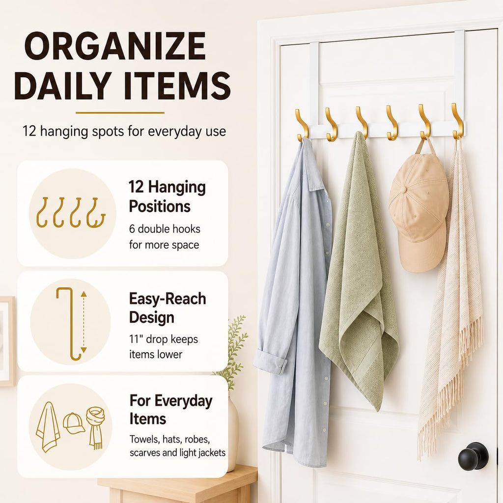 Peasulin 2 Pack 11" Over the Door Hook Rack, 6 Double Hooks