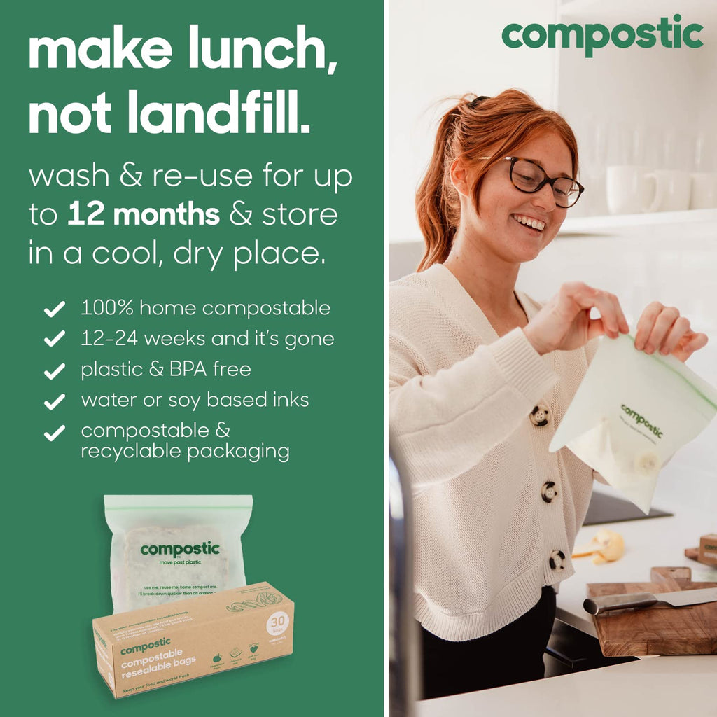 Compostic Compostable XL Sandwich Bags (90 + 10 Count) Everyday Essential — Resealable Zip-Seal, Plant-Based, Home Compostable, Freezer & Microwave Safe, BPA-Free, Non-Toxic, GMO-Free Food Storage Bag