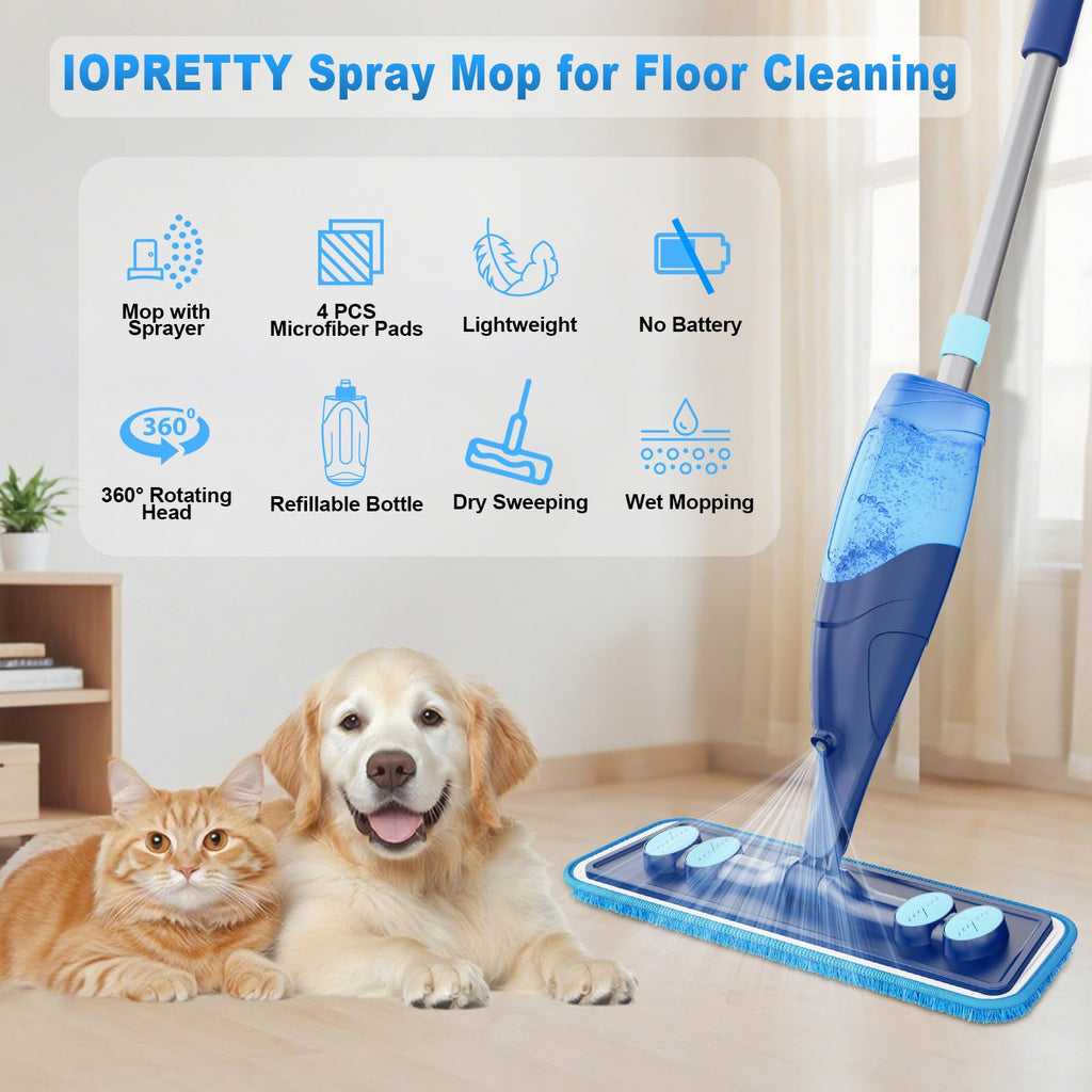 IOPRETTY Microfiber Hardwood Floor Mop - Spray Mop with 4 Washable Pads