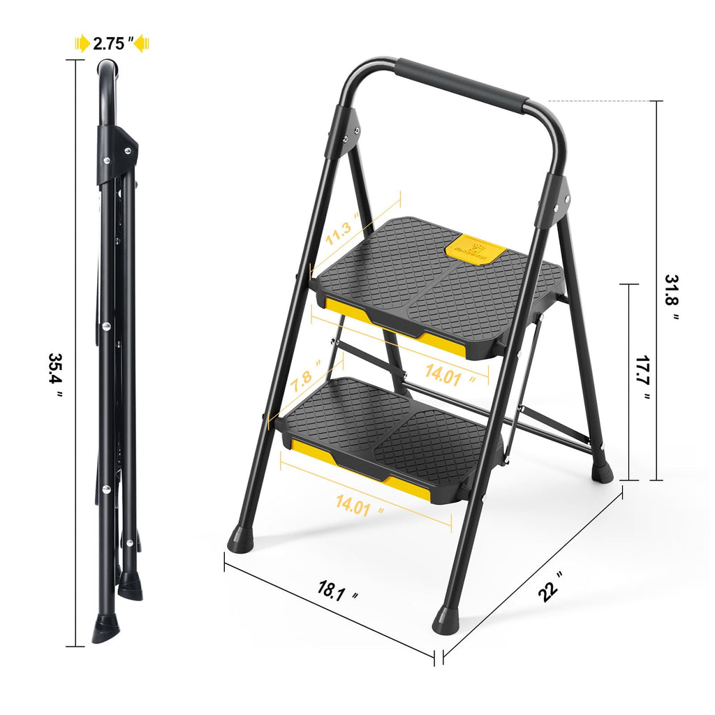 KINGRACK 2 Step Ladder, Sturdy Steel Step Stool with Safe-Lock Design, Handrail, Anti-Slip Wide Pedals, Pass 800lbs Load Testing, Folding Portable Ladder for Multi-Purpose, Home, Kitchen, Black