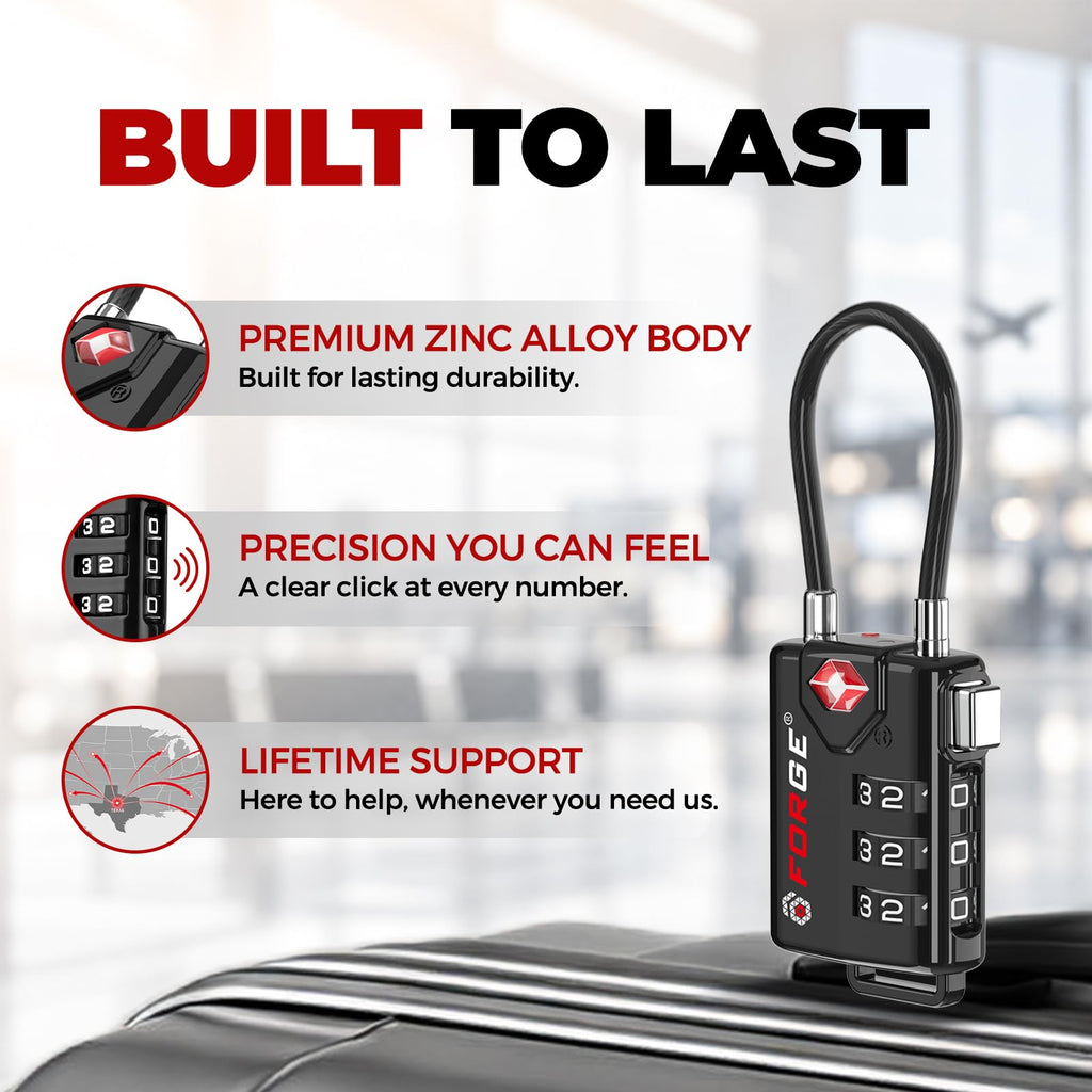 Forge TSA Approved Luggage Locks, Open Alert Cable Lock, Black, 4 Pack