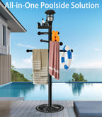 i365AMZ Pool Outdoor Towel Rack with Solar Light, 6 Bars with Top Tray Metal Heavy Duty Pool Accessories with Heavy Metal Base, Hot Tub Accessories for Pool and spa