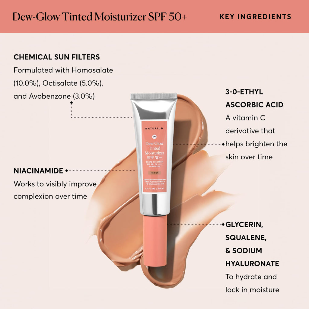 Naturium Dew-Glow Tinted Moisturizer SPF 50+ Medium, Daily Moisturizing Sunscreen & Face Primer with Tint, Skin Protector with Dewy Finish, 1.7 oz