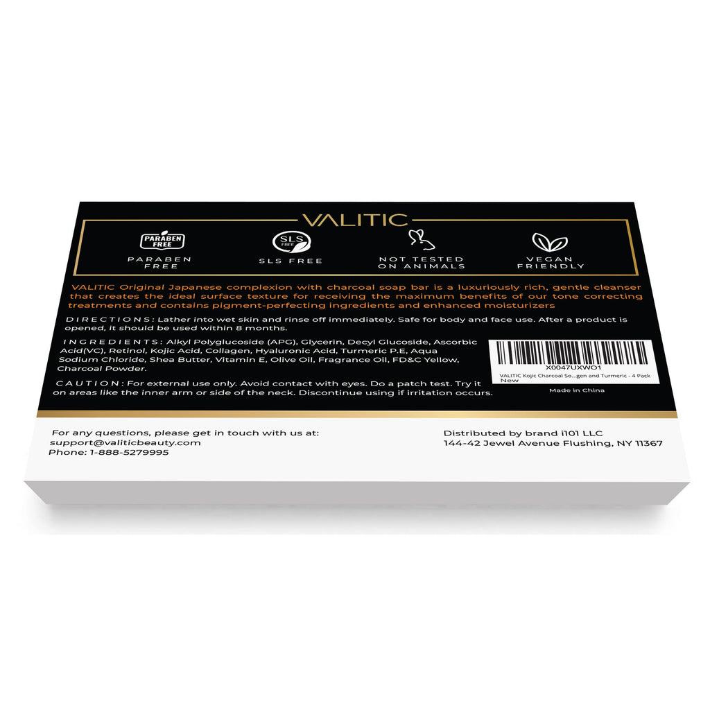 VALITIC Charcoal Kojic Acid Turmeric Black Soap Bar Dark Spot Remover for Body or Face Wash - 4 Pack