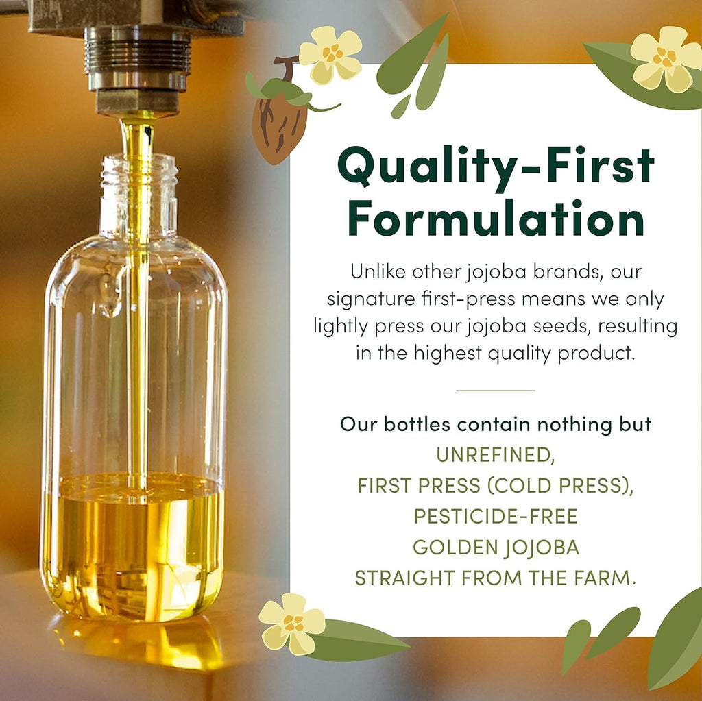 HobaCare Pure Jojoba Oil for Skin Care, Hair, Beard, Scalp Massage - 100% Unrefined Carrier Oil for Diluting Essential Oils - Natural, Hexane Free, Cruelty-Free, Long Shelf Life (16 oz)