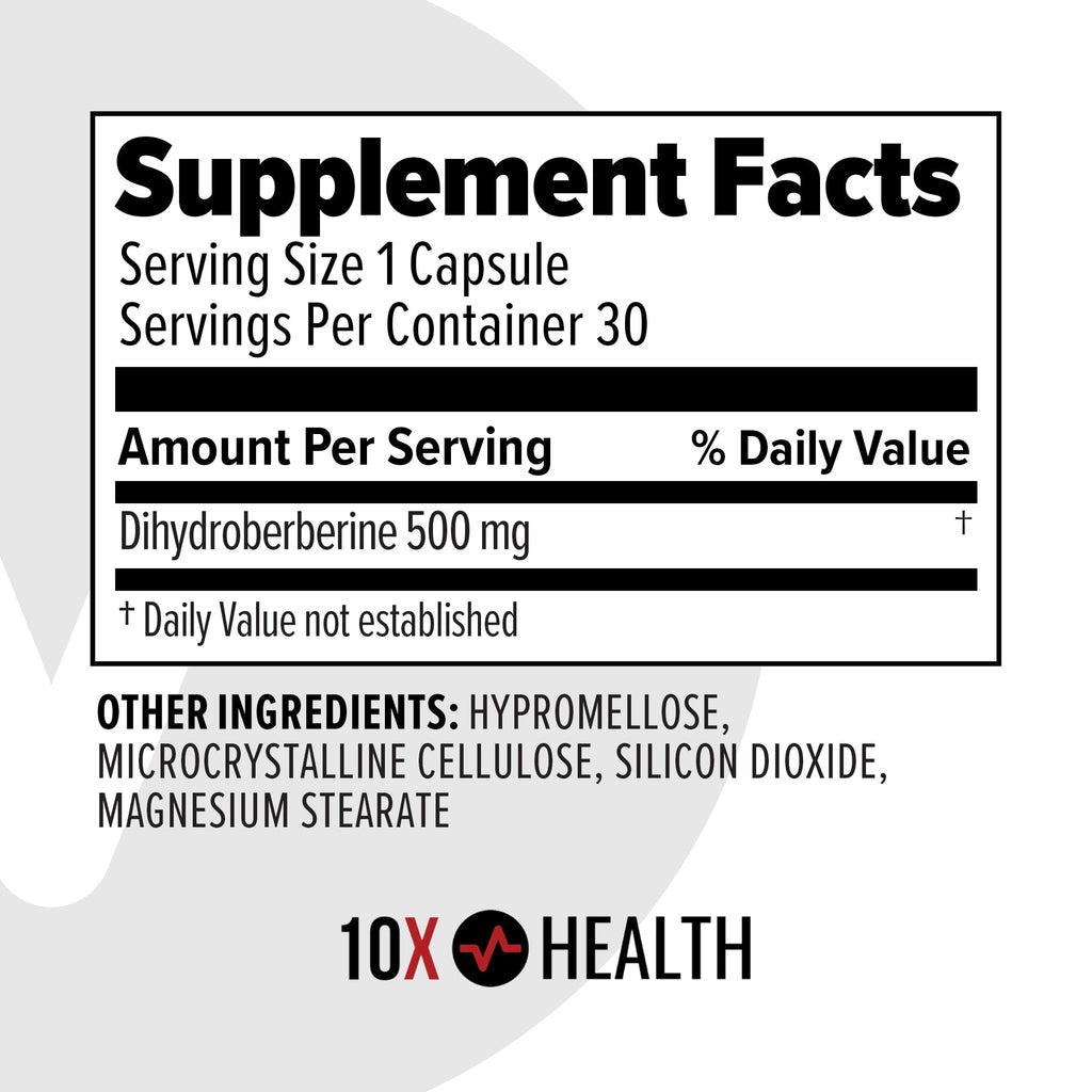 10X Health Berberine Supplement 500mg - Contains Dihydroberberine Supplement for Better Absorption - Supports Cardiovascular & Gut Health Supplements for Women & Men - 30 Capsules