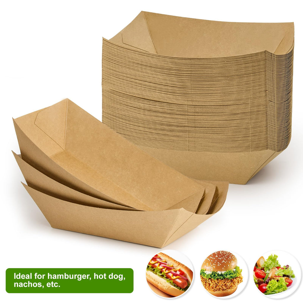 Ocmoiy 4lb Paper Food Trays, 100 Pack Disposable Nacho Trays, Heavy-Duty Kraft Paper Food Boats Holders Serving Basket Trays for Snack, BBQ Picnic Wedding Party