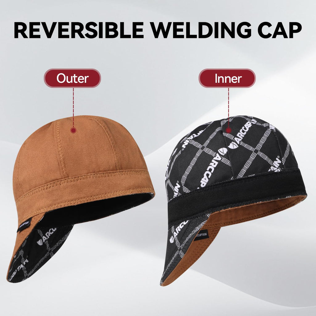 ARCCAPTAIN Reversible Welding Cap, 8 Panel Protective Welders Cap, 10 oz Fireproof Cotton Comforts for Safety and Protection While Welding to Men Women, Khaki, 7 5/8