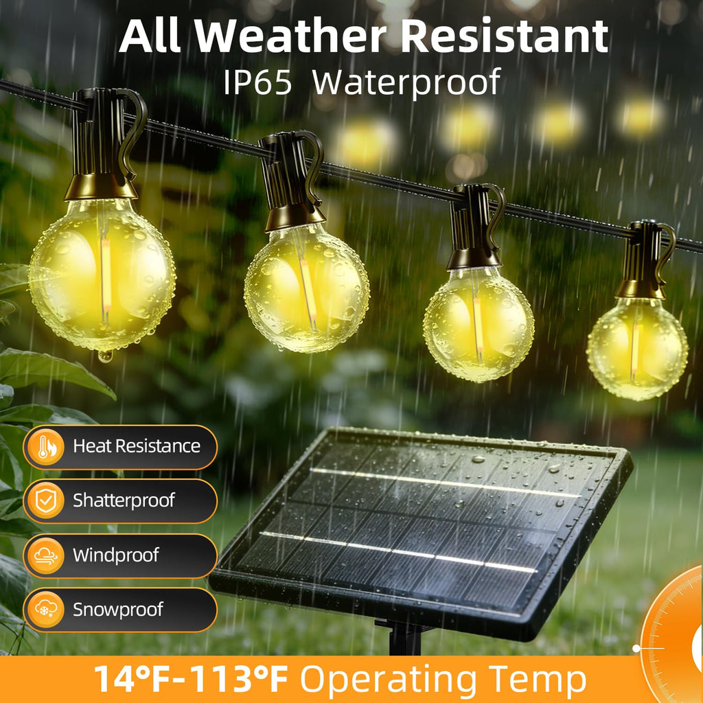 FUANXIEI 150FT Solar Lights Outdoor Waterproof: G40 45M Shatterproof Bulbs Patio Lights - Solar Powered Remote Control 3 Light Modes Dimmable Solar Light - Camping Backyard Garden Deck Outside Yard