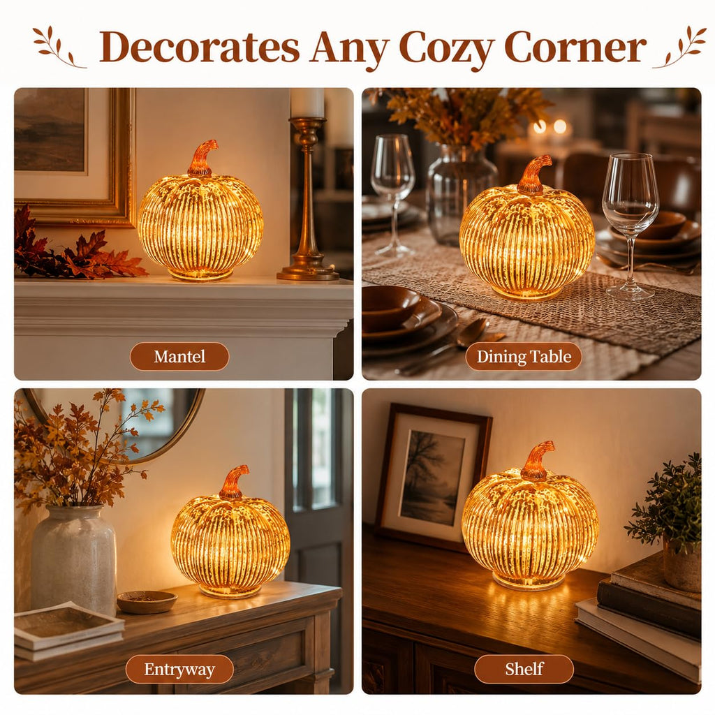 Gold Mercury Glass Pumpkin Light with 2 Lighting Modes and 6-Hour Timer, 5.5 x 6 Inch Battery Operated Fall Decor for Thanksgiving and Christmas Table Centerpiece
