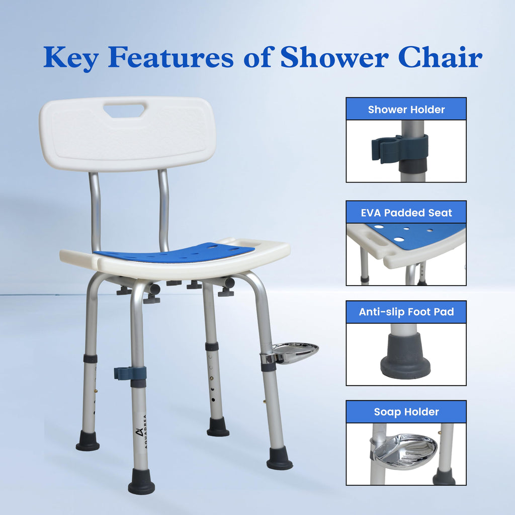 AQUADREA Shower Chair for Inside Shower With Soap box - Height Adjustable Shower Chair for Elderly and Disabled with Removeable Back & Enhanced Non-Slip Feet - Lightweight Aluminum Construction - Blue