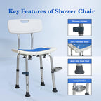 AQUADREA Shower Chair for Inside Shower With Soap box - Height Adjustable Shower Chair for Elderly and Disabled with Removeable Back & Enhanced Non-Slip Feet - Lightweight Aluminum Construction - Blue