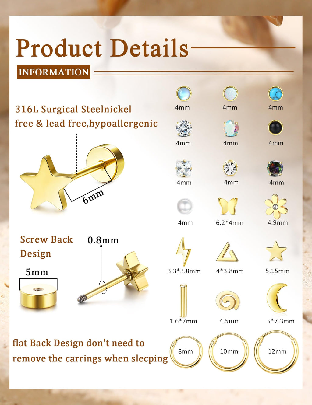 21 Paris Stainless Surgical Steel Flat Back Earrings Hypoallergenic Gold