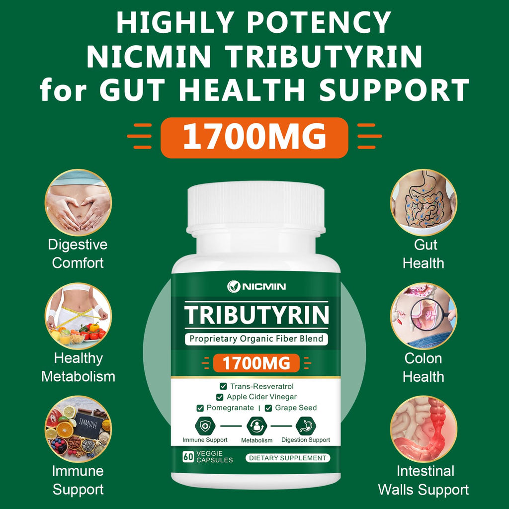 NICMIN Tributyrin Supplement - Premium Butyrate Gut Health Supplement for Leaky Gut 60 Capsules