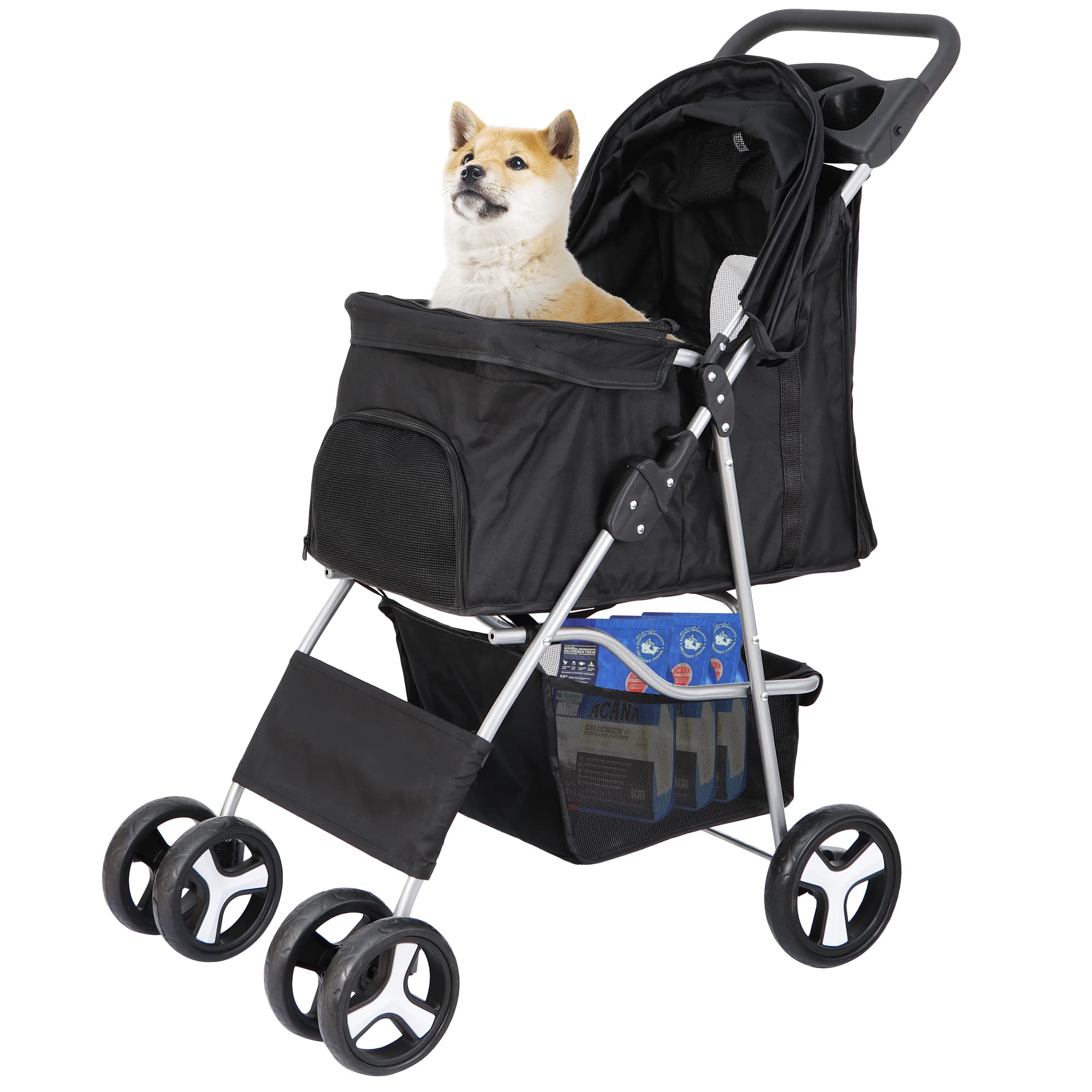 LEMY 4 Wheels Pet Dog Cat Stroller for Small Medium Dogs Cats,Black Foldable Jogger Travel Puppy with Detachable Carrier