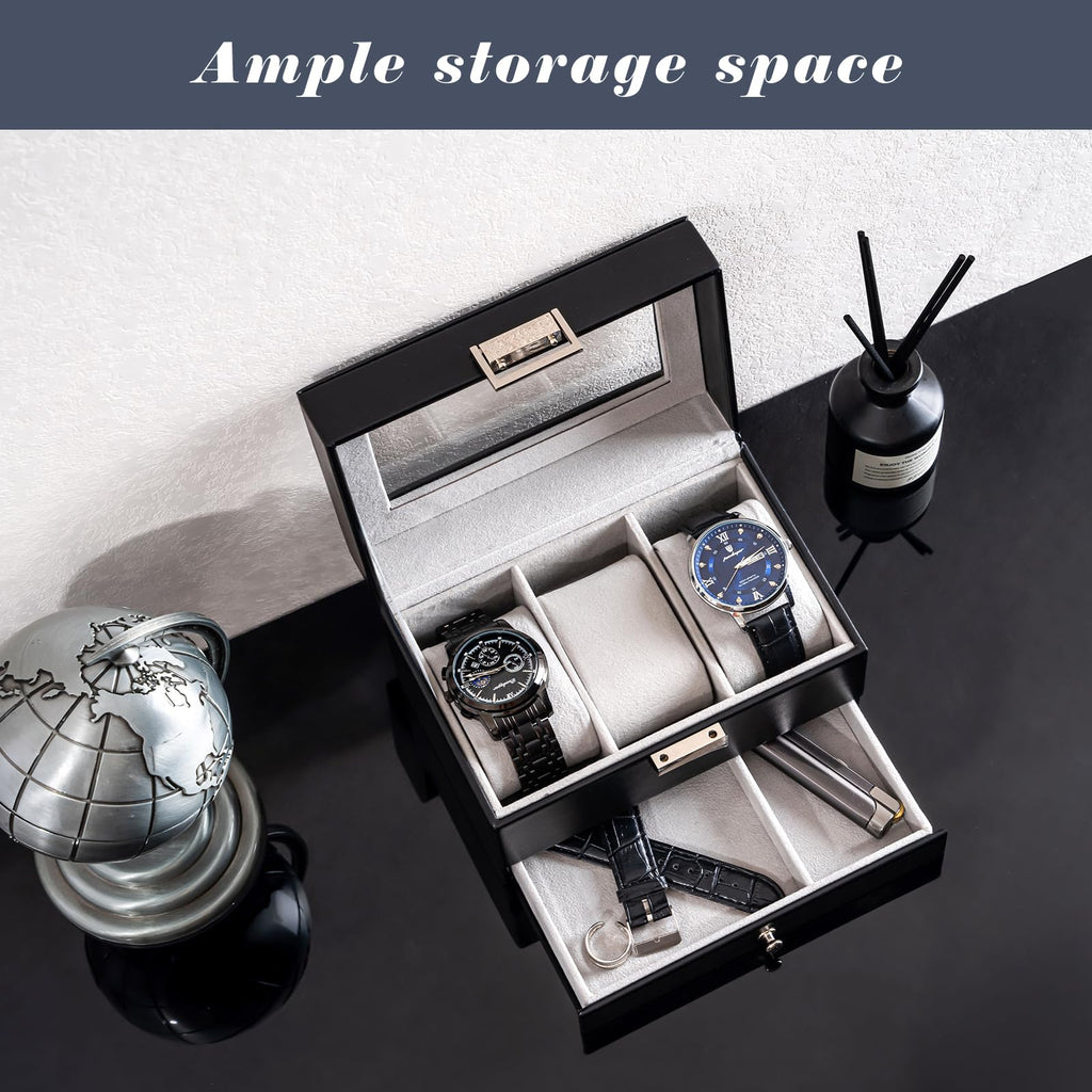 ProCase Watch Box, 3 Slot Watch Display Case with Drawer -Black