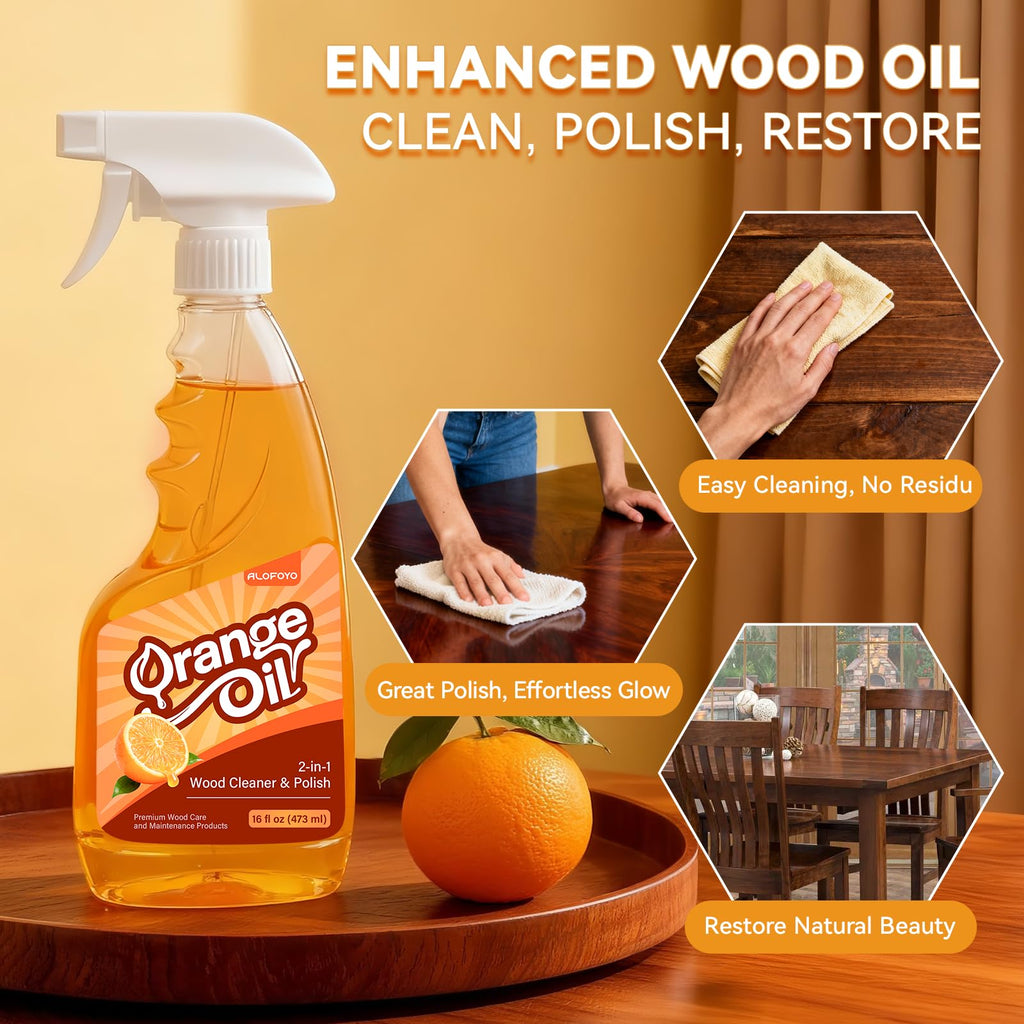 Alofoyo 2-in-1 Furniture Polish Wood Cleaner - 2Pack Natural Orange Oil Spray Protect Wood Surface Safely, Enhanced Furniture Restorer Finish Cabinets, Tables, Antique, Floor, 32oz Total