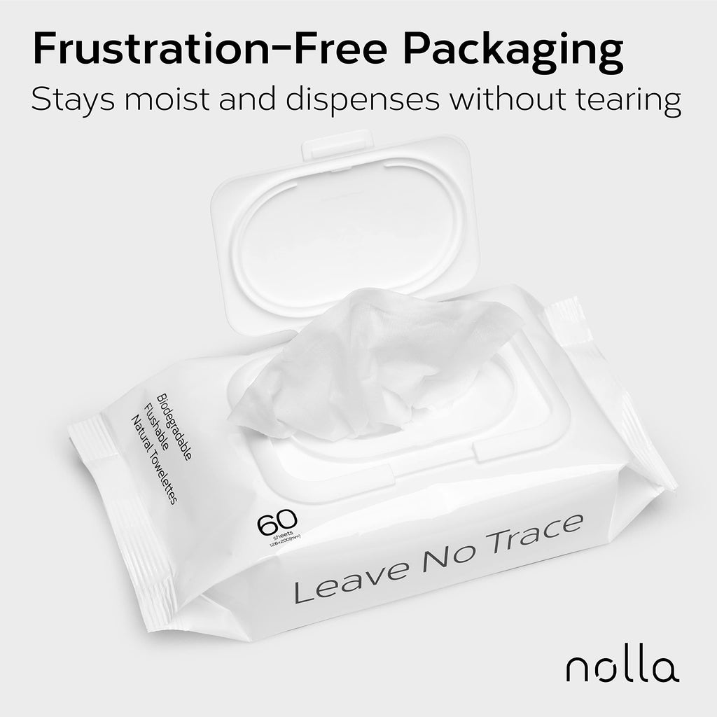 Nolla Flushable Wipes Bulk Pack - 100% Plant-Based and Biodegradable - Soft, Unscented + Soothing Aloe and Vitamin E - For Adults and Kids 2,400 Count (40 Packs of 60)