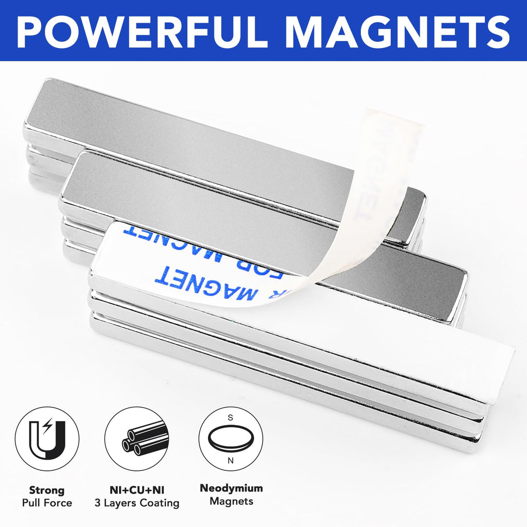 MIKEDE 6Pcs Neodymium Magnets with Adhesive Backing 60x10x3mm Silver