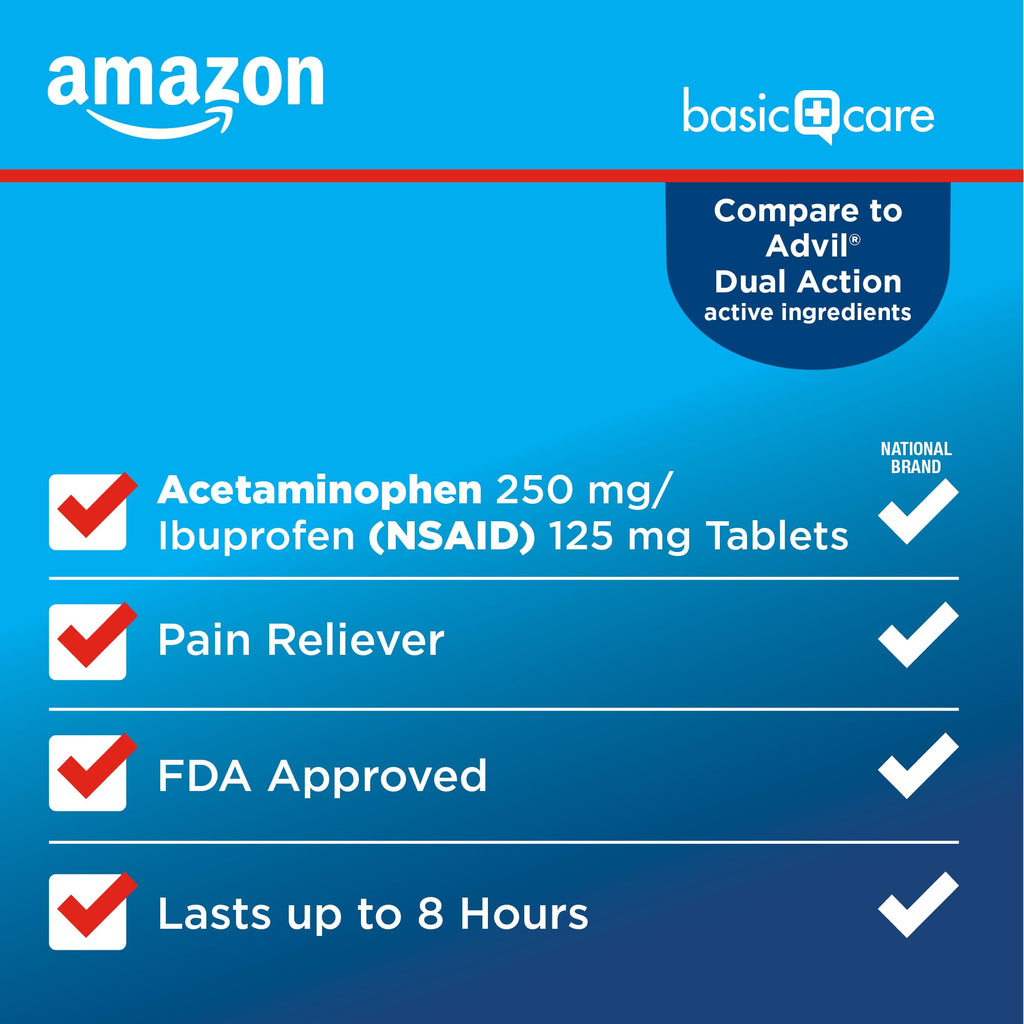 Amazon Basic Care Dual Action Acetaminophen 250 mg and Ibuprofen (NSAID) 125 mg Tablets, Pain Reliever for Headache, Backache, Menstrual Cramp, Arthritis Pain Relief, 216 Count (Pack of 2)